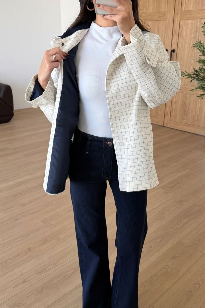 Trench-coat à carreaux et col contrastant - Linda
